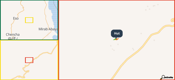 Map showing the address of Hut in three different zoom levels.