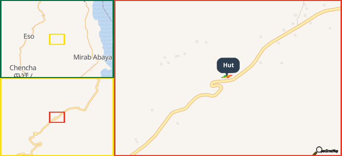 Map showing the address of Hut in three different zoom levels.