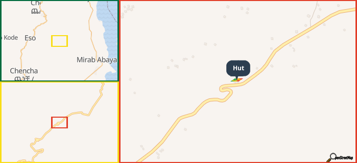 Map showing the address of Hut in three different zoom levels.