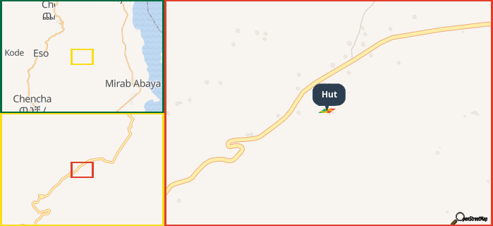 Map showing the address of Hut in three different zoom levels.