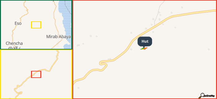 Map showing the address of Hut in three different zoom levels.