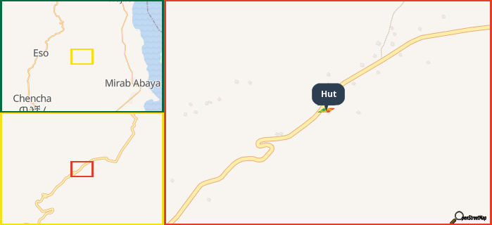 Map showing the address of Hut in three different zoom levels.