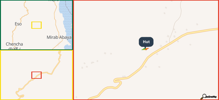 Map showing the address of Hut in three different zoom levels.