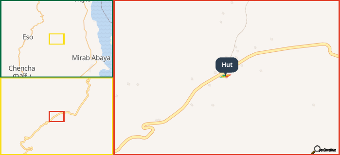 Map showing the address of Hut in three different zoom levels.