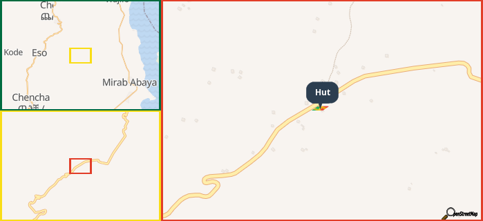 Map showing the address of Hut in three different zoom levels.