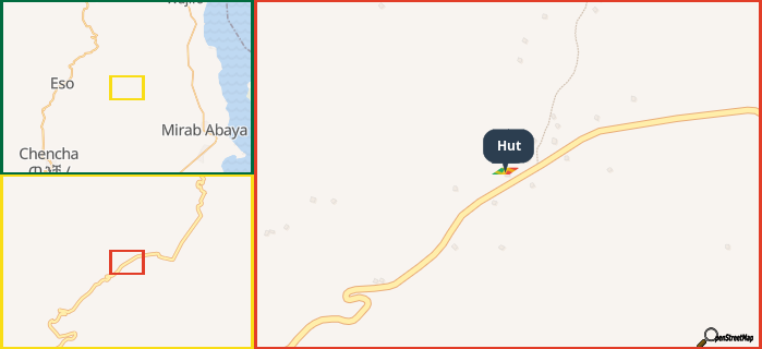 Map showing the address of Hut in three different zoom levels.