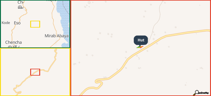 Map showing the address of Hut in three different zoom levels.