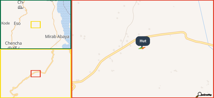 Map showing the address of Hut in three different zoom levels.