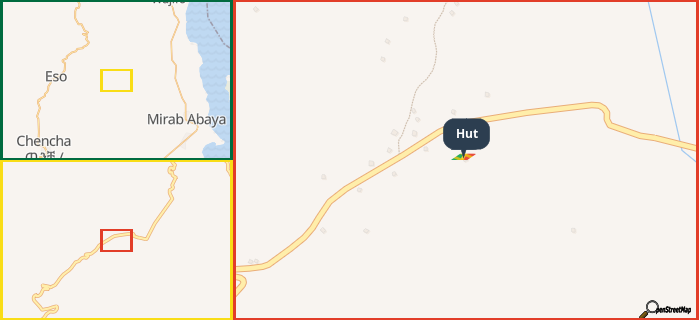 Map showing the address of Hut in three different zoom levels.