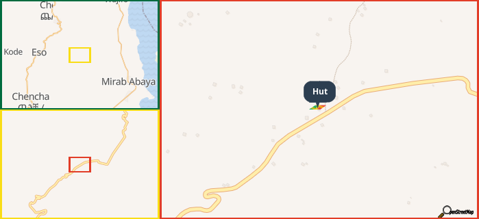 Map showing the address of Hut in three different zoom levels.