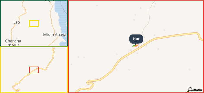 Map showing the address of Hut in three different zoom levels.
