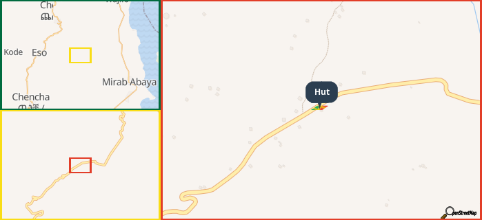 Map showing the address of Hut in three different zoom levels.