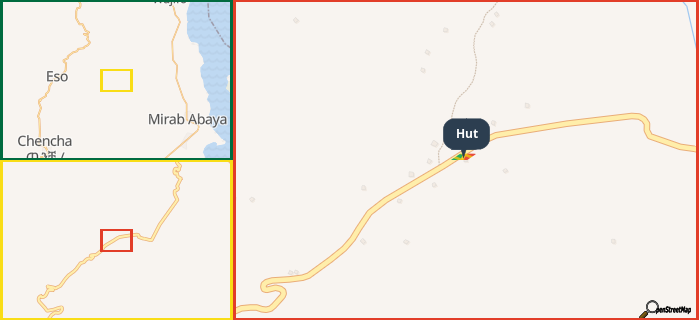 Map showing the address of Hut in three different zoom levels.