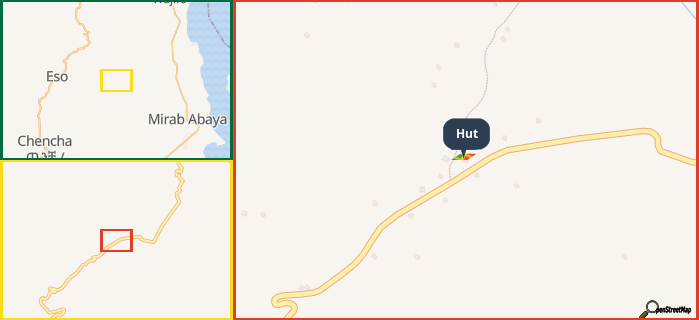 Map showing the address of Hut in three different zoom levels.