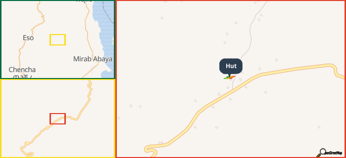 Map showing the address of Hut in three different zoom levels.
