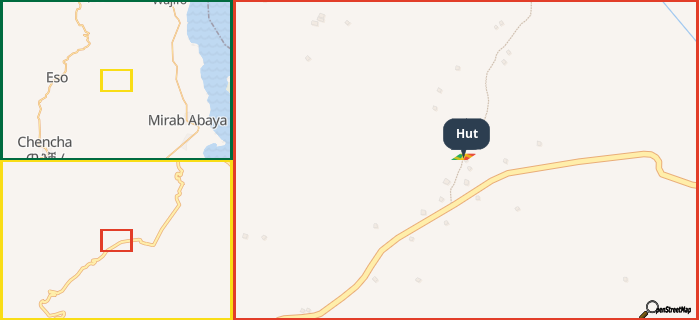 Map showing the address of Hut in three different zoom levels.