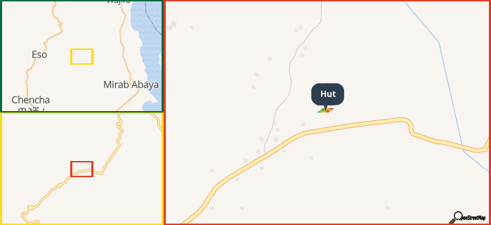 Map showing the address of Hut in three different zoom levels.