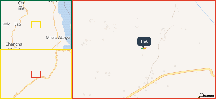 Map showing the address of Hut in three different zoom levels.