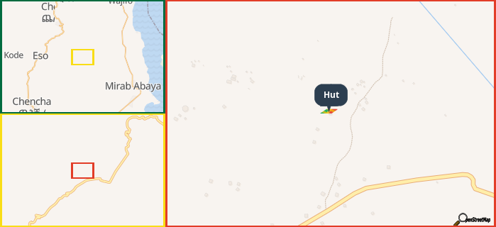 Map showing the address of Hut in three different zoom levels.