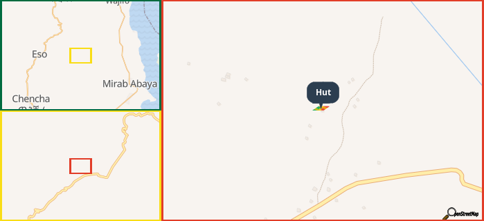 Map showing the address of Hut in three different zoom levels.