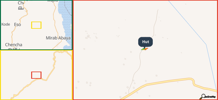 Map showing the address of Hut in three different zoom levels.