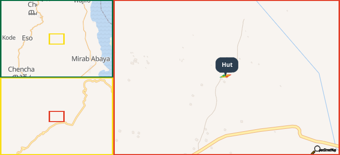 Map showing the address of Hut in three different zoom levels.