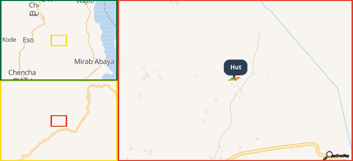 Map showing the address of Hut in three different zoom levels.