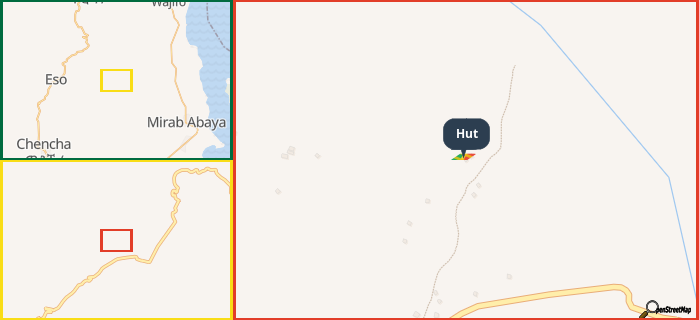 Map showing the address of Hut in three different zoom levels.