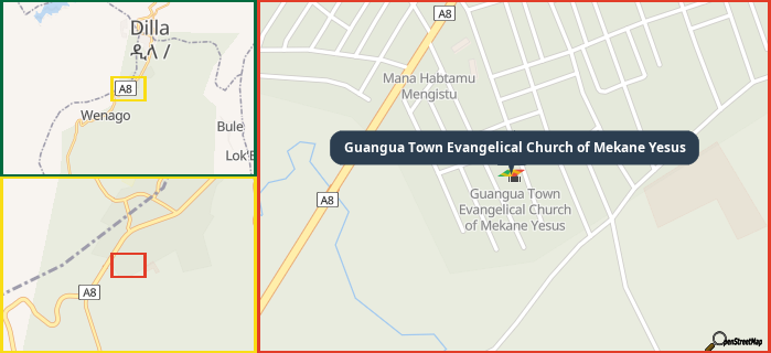 Map showing the address of Guangua Town Evangelical Church of Mekane Yesus in three different zoom levels.