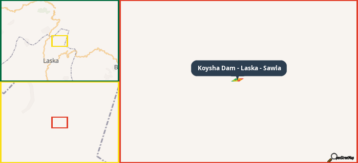 Map showing the address of Koysha Dam - Laska - Sawla in three different zoom levels.