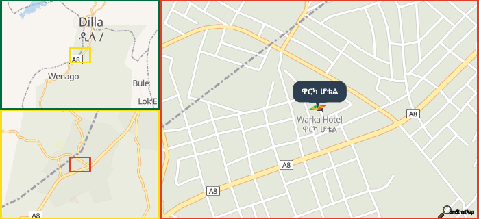 Map showing the address of ዋርካ ሆቴል in three different zoom levels.