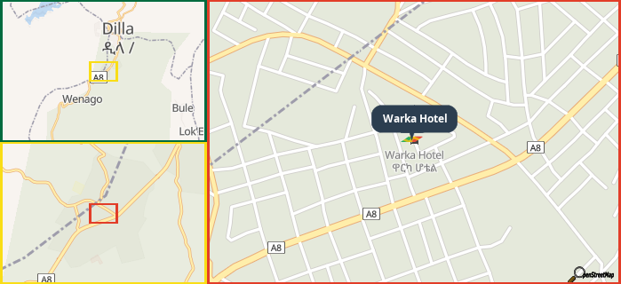 Map showing the address of Warka Hotel in three different zoom levels.