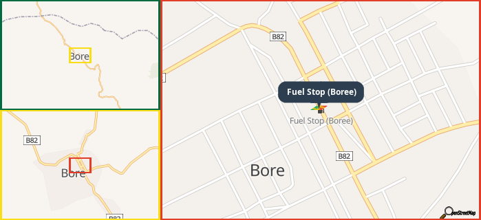 Map showing the address of Fuel Stop (Boree) in three different zoom levels.