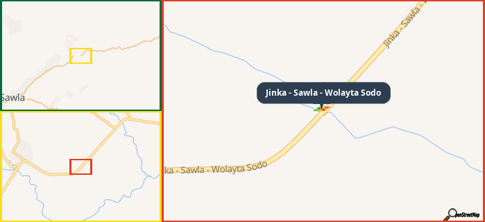 Map showing the address of Jinka - Sawla - Wolayta Sodo in three different zoom levels.
