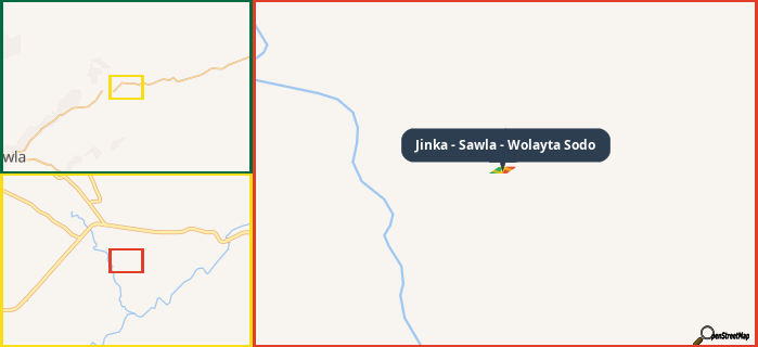 Map showing the address of Jinka - Sawla - Wolayta Sodo in three different zoom levels.