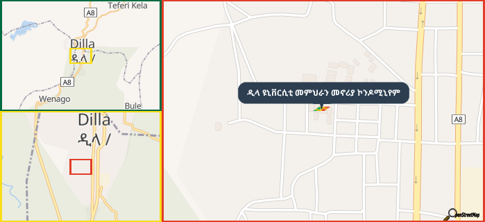 Map showing the address of ዲላ ዩኒቨርሲቲ መምህራን መኖሪያ ኮንዶሚኒየም in three different zoom levels.