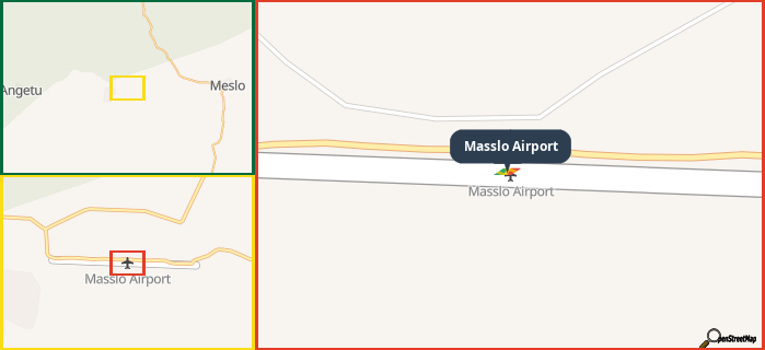 Map showing the address of Masslo Airport in three different zoom levels.
