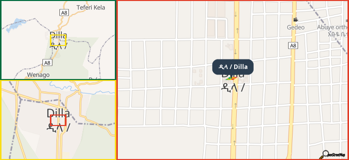 Map showing the address of ዲላ / Dilla in three different zoom levels.