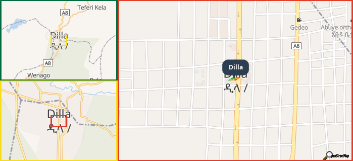 Map showing the address of Dilla in three different zoom levels.