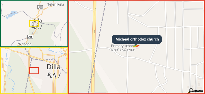 Map showing the address of Micheal orthodox church in three different zoom levels.