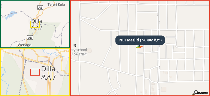 Map showing the address of Nur Mesjid ( ኑር መስጂድ ) in three different zoom levels.