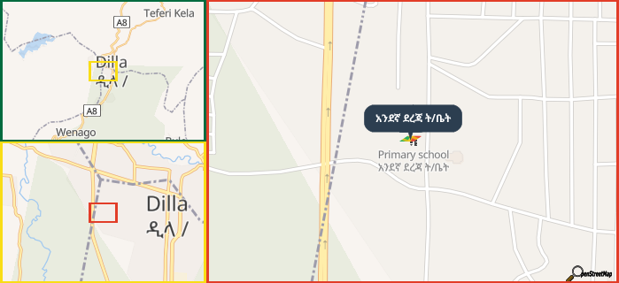 Map showing the address of አንደኛ ደረጃ ት/ቤት in three different zoom levels.