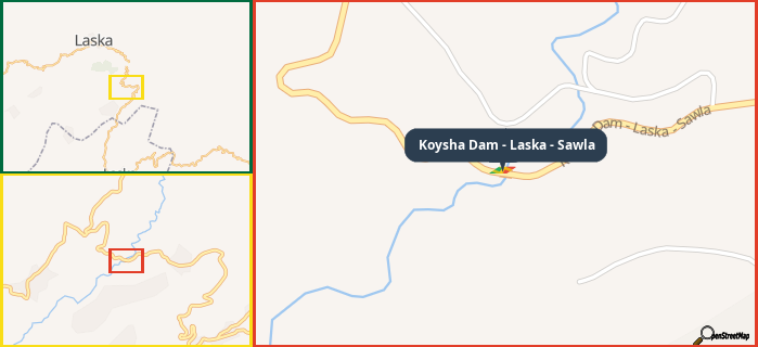 Map showing the address of Koysha Dam - Laska - Sawla in three different zoom levels.