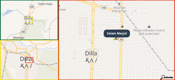 Map showing the address of Selam Mesjid in three different zoom levels.