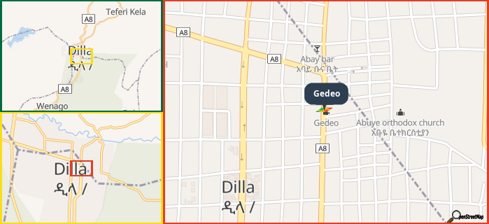 Map showing the address of Gedeo in three different zoom levels.