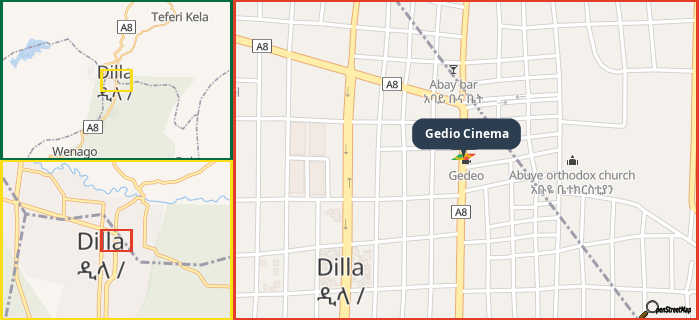 Map showing the address of Gedio Cinema in three different zoom levels.
