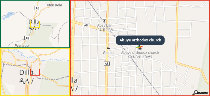 Map showing the address of Abuye orthodox church in three different zoom levels.