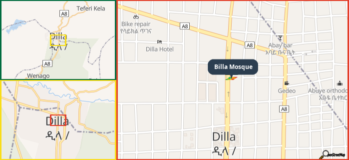 Map showing the address of Billa Mosque in three different zoom levels.