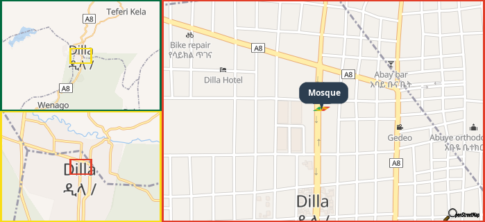 Map showing the address of Mosque in three different zoom levels.