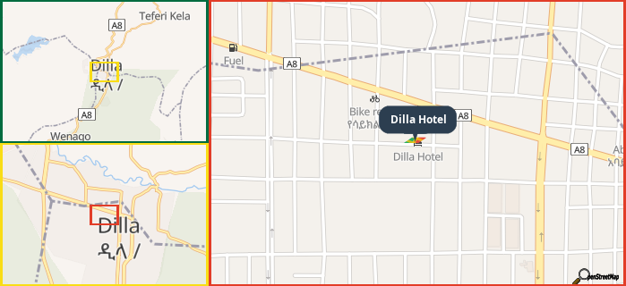 Map showing the address of Dilla Hotel in three different zoom levels.